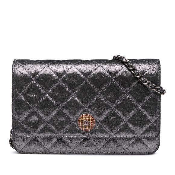 Pre-Loved Chanel Quilted Iridescent Lambskin Tartan Button Wallet On Chain - Picture 1 of 11
